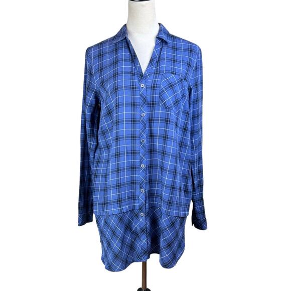 J. Jill NWT S Tall Blue Plaid Peplum Long Sleeve Collar Button Up Tunic Shirt - Picture 1 of 13
